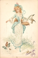 Девушка, кормящая птиц Открытка артикул 6131b.